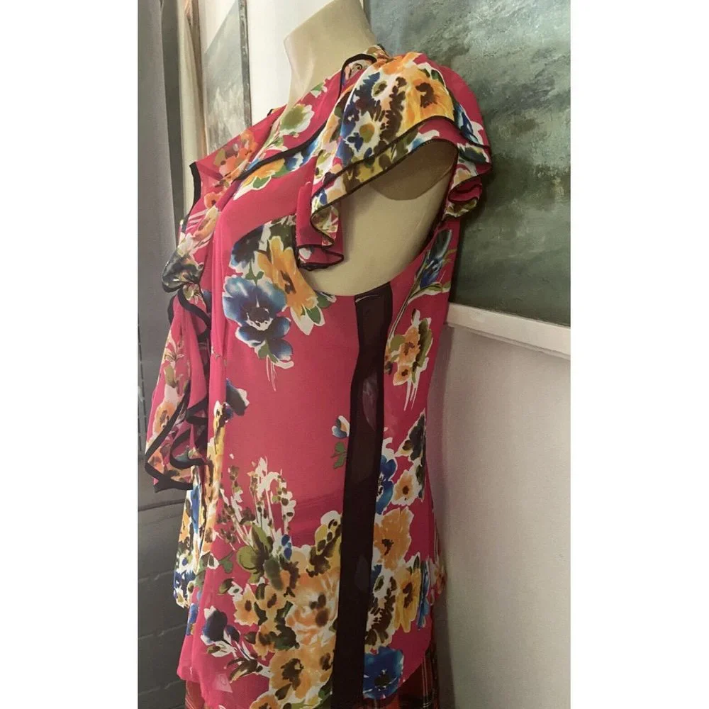 🌱 Review women’s size 14 flutter sleeve blouse top hot fuchsia pink floral - Picture 6 of 7